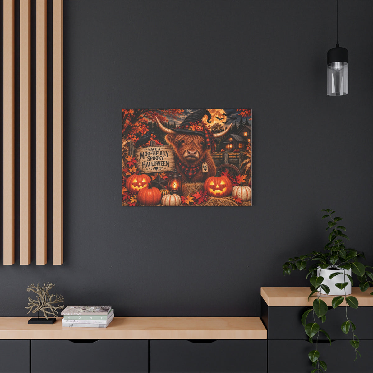 Halloween Highland Cow Canvas – "Have a Moo-tifully Spooky Halloween" Matte Stretched Wall Art