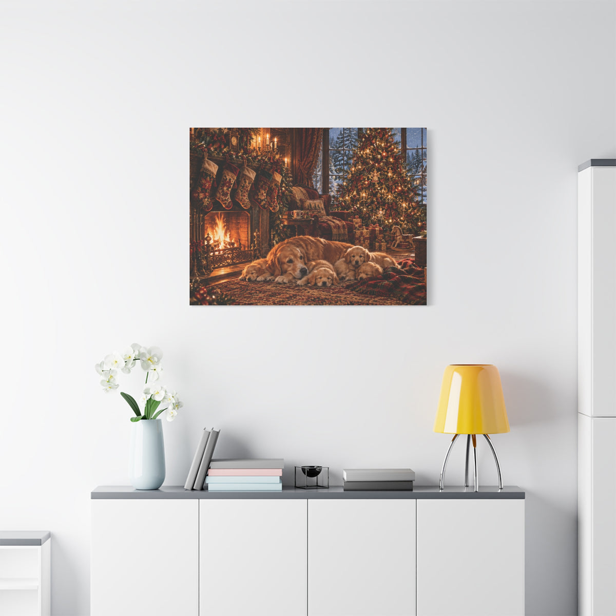 Cozy Christmas Dogs by the Fireplace Canvas Wall Art