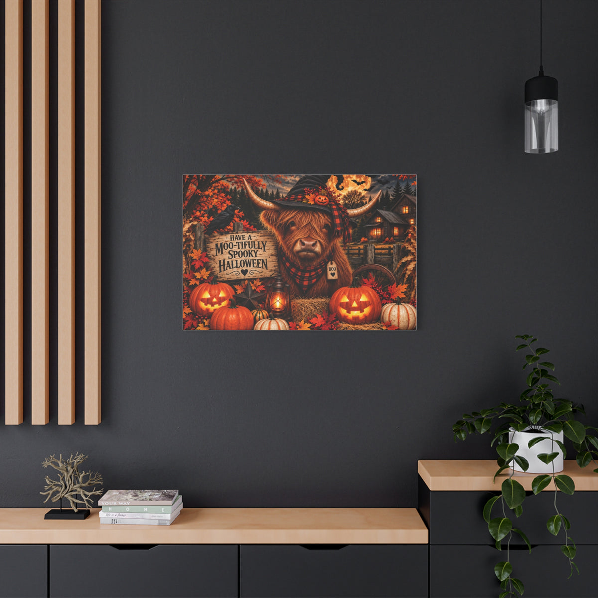 Halloween Highland Cow Canvas – "Have a Moo-tifully Spooky Halloween" Matte Stretched Wall Art
