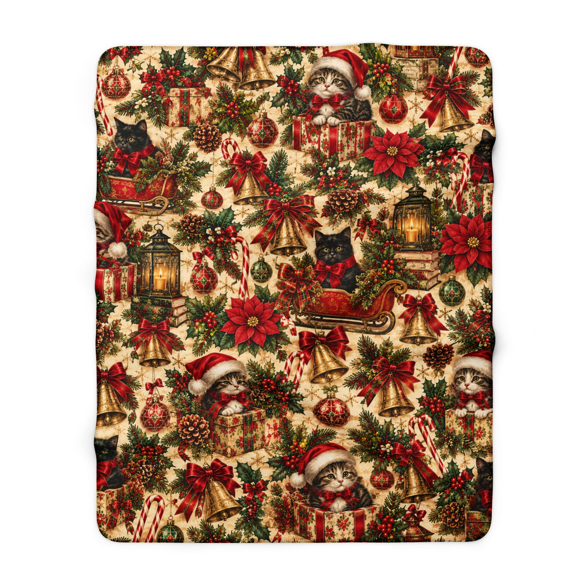 Christmas Poinsettia & Kitten Santa Sherpa Blanket — Festive Holiday Throw