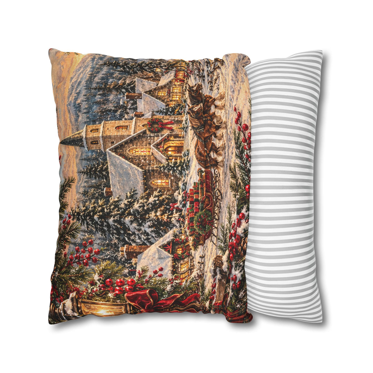 Christmas Village Horse-Drawn Sleigh Decorative Pillowcase
