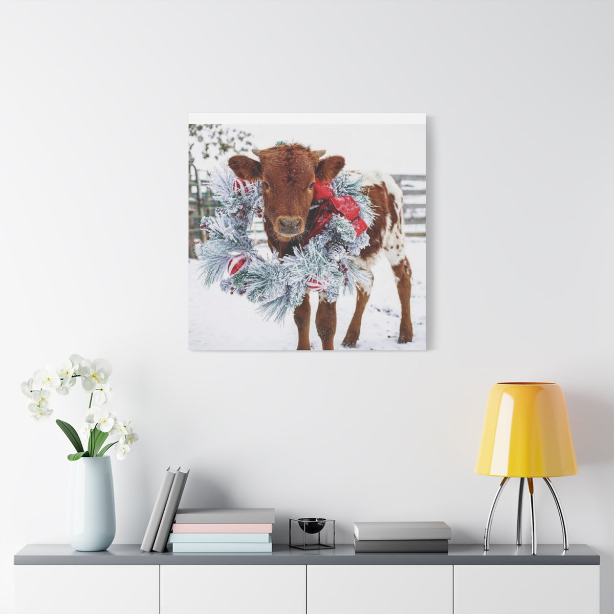 Holiday Calf Canvas Print — Festive Cow with Wreath Wall Art