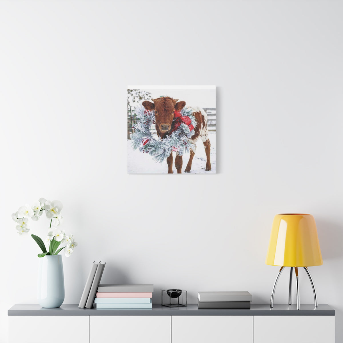 Holiday Calf Canvas Print — Festive Cow with Wreath Wall Art
