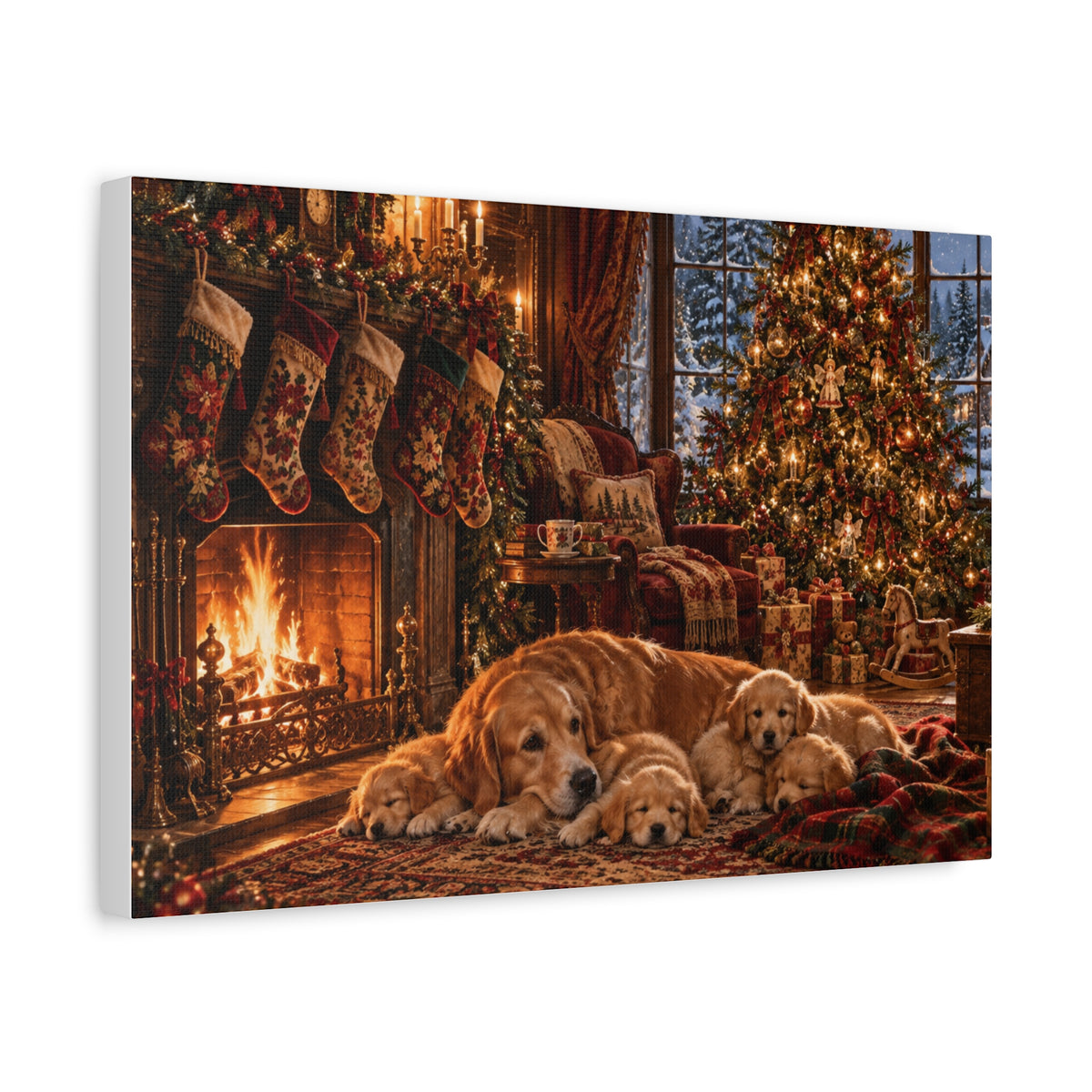Cozy Christmas Dogs by the Fireplace Canvas Wall Art