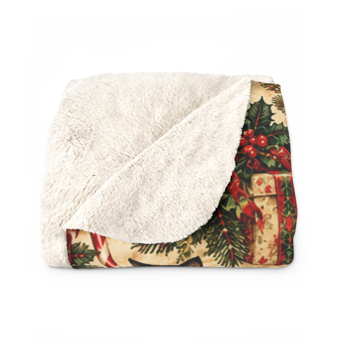 Christmas Poinsettia & Kitten Santa Sherpa Blanket — Festive Holiday Throw