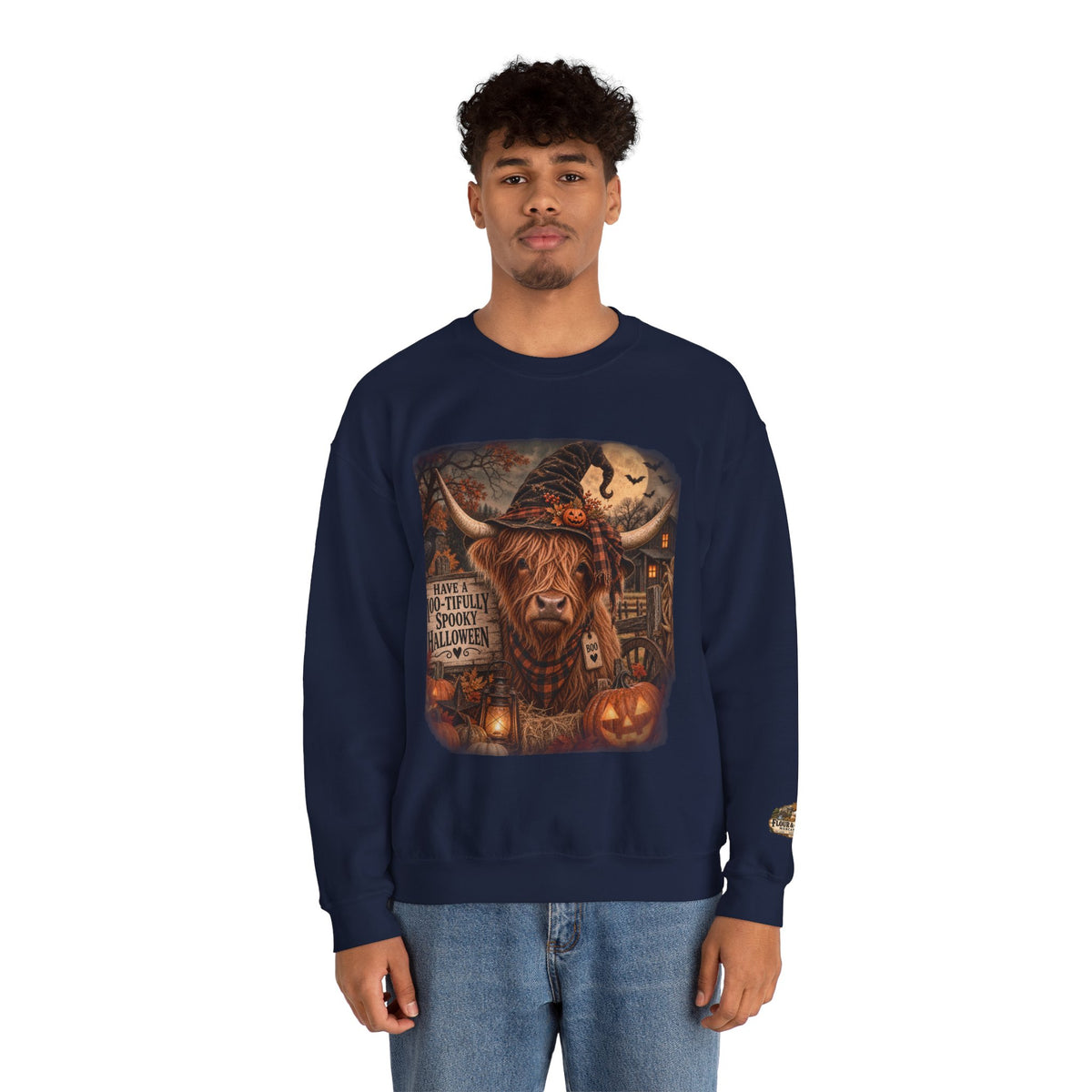 Halloween Highland Cow Sweatshirt – "Have a Moo-tifully Spooky Halloween" Crewneck-Flour and Foundry Mercantile Co.