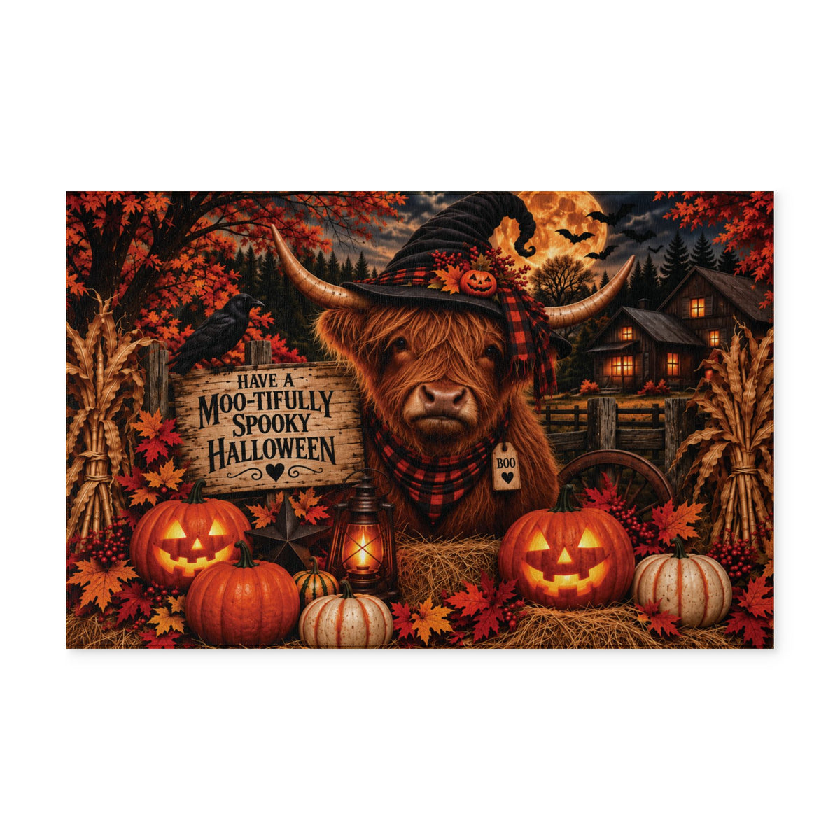 Halloween Highland Cow Washable Rug — "Have a Moo-tifully Spooky Halloween"
