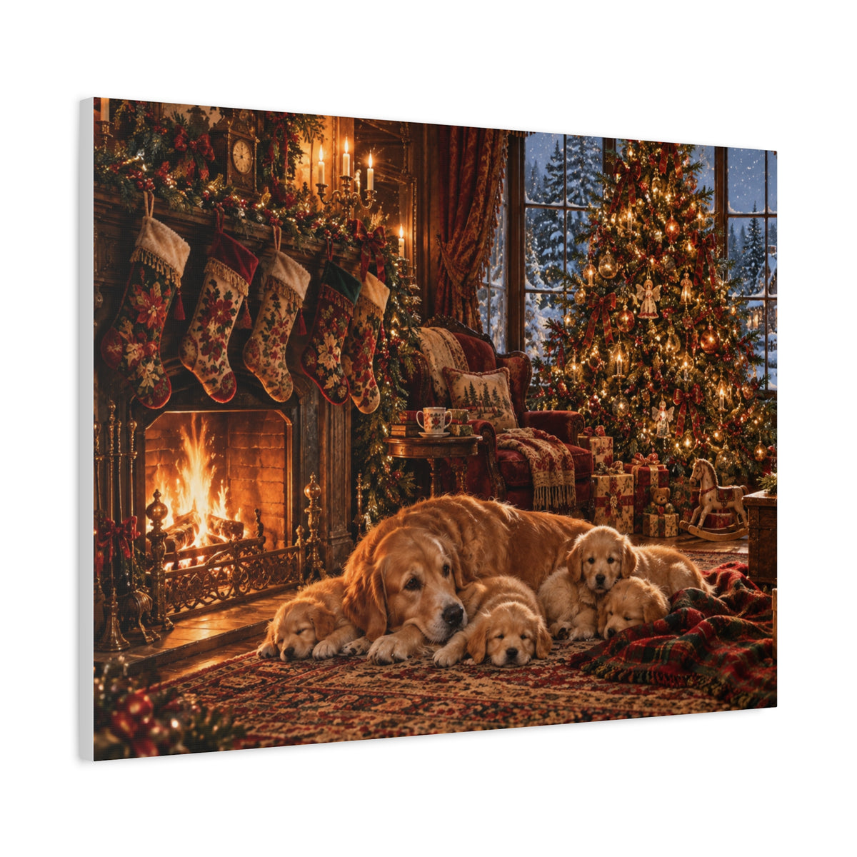Cozy Christmas Dogs by the Fireplace Canvas Wall Art