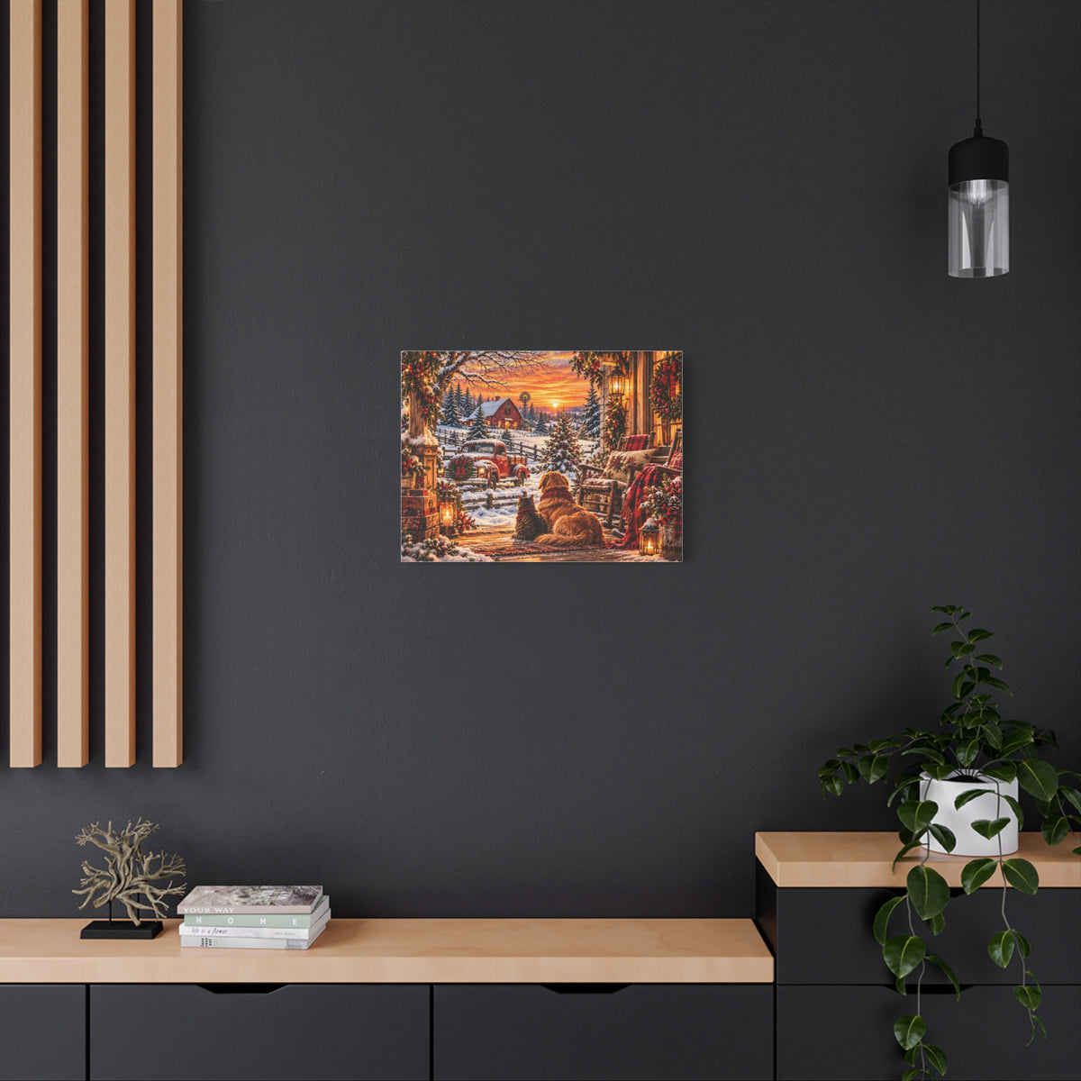 Snowy Winter Porch Scene with Dog & Cat-Christmas Farmhouse Canvas Print