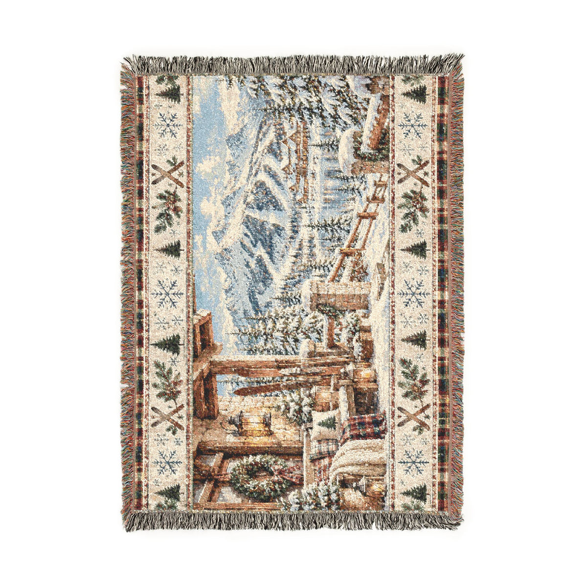 Vintage Ski Lodge Woven Blanket – Rustic Mountain Cabin Winter Throw