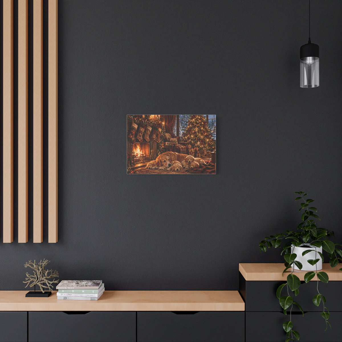 Cozy Christmas Dogs by the Fireplace Canvas Wall Art