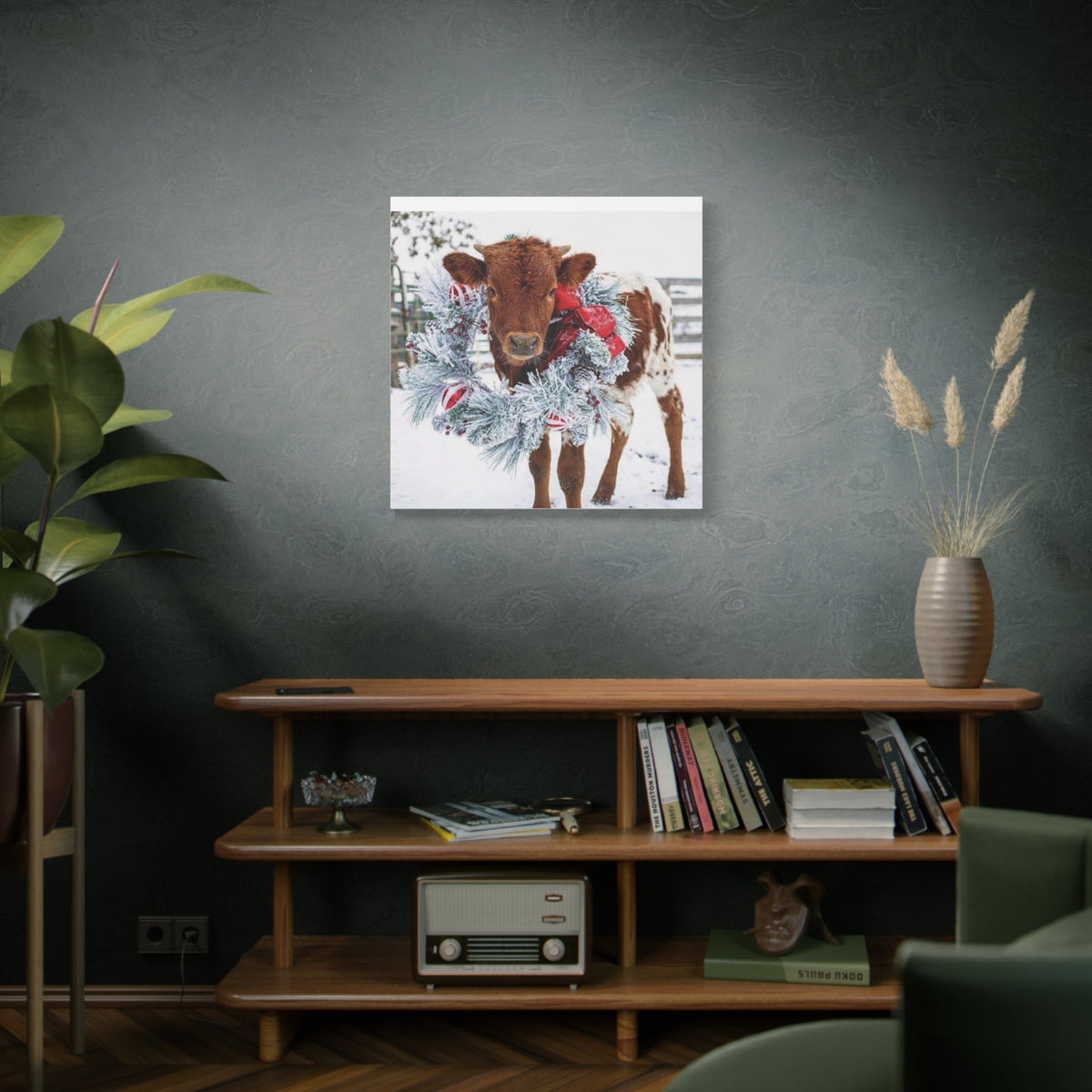 Holiday Calf Canvas Print — Festive Cow with Wreath Wall Art