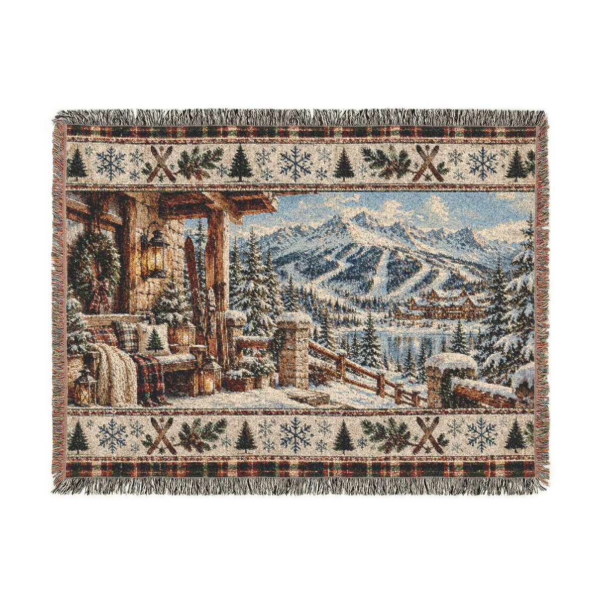Vintage Ski Lodge Woven Blanket – Rustic Mountain Cabin Winter Throw