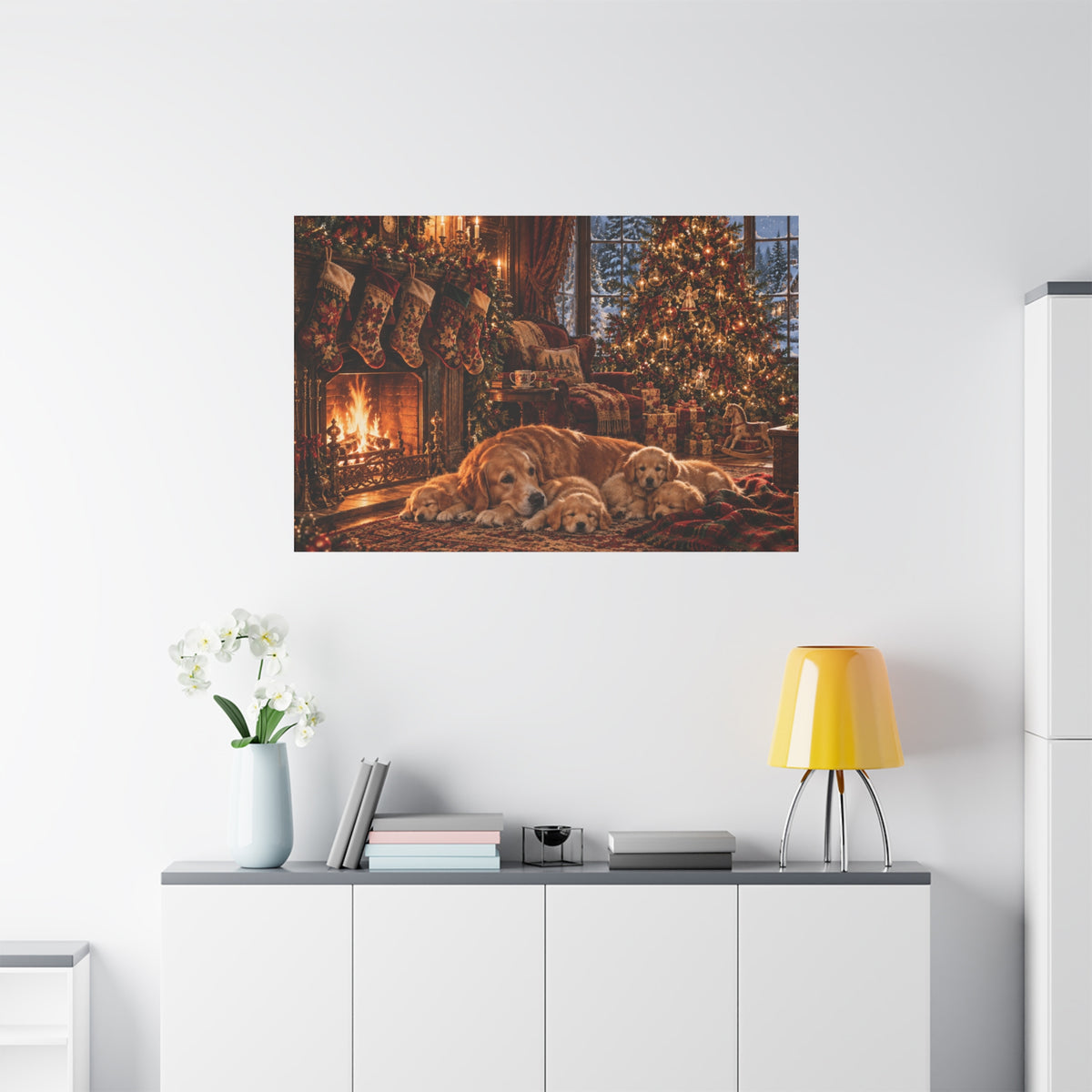 Cozy Christmas Dogs by the Fireplace Canvas Wall Art
