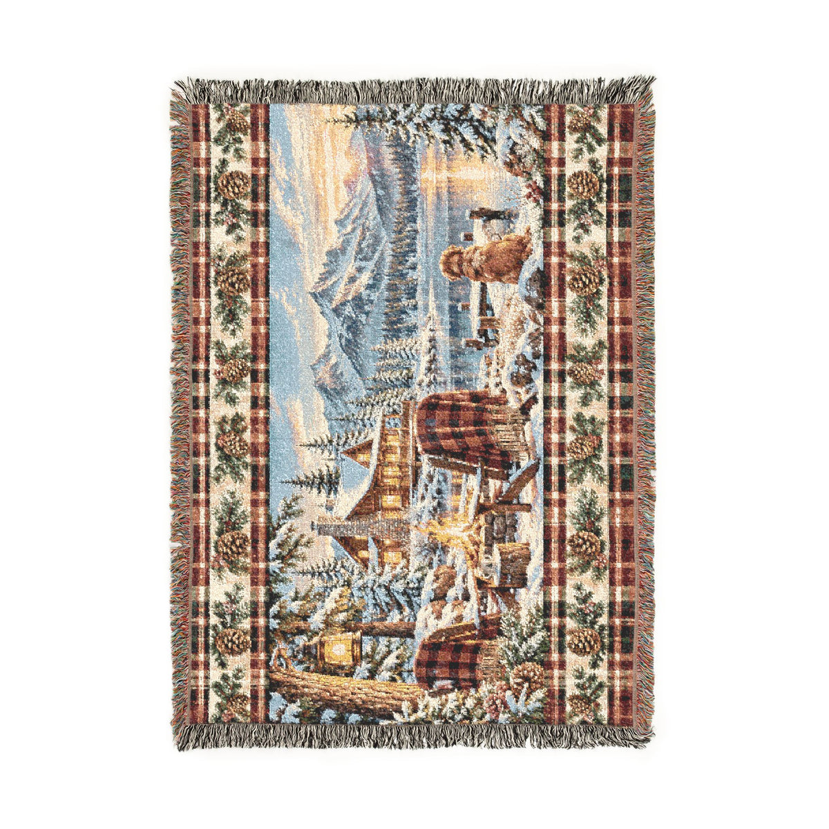 Rustic Mountain Lodge Woven Blanket – Winter Cabin, Golden Retriever and Lake Throw
