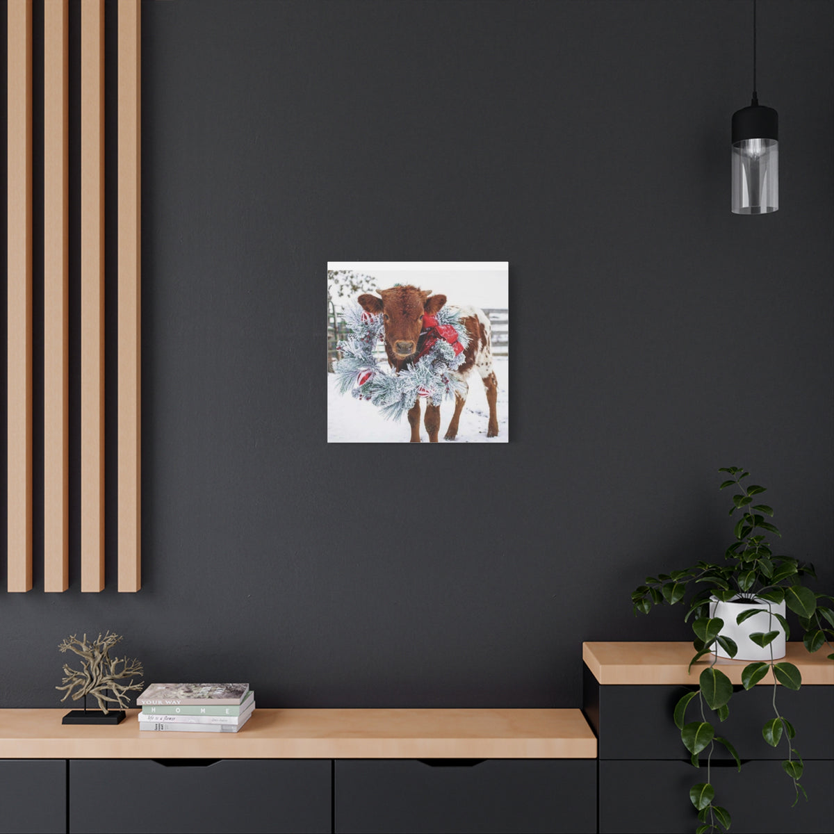 Holiday Calf Canvas Print — Festive Cow with Wreath Wall Art