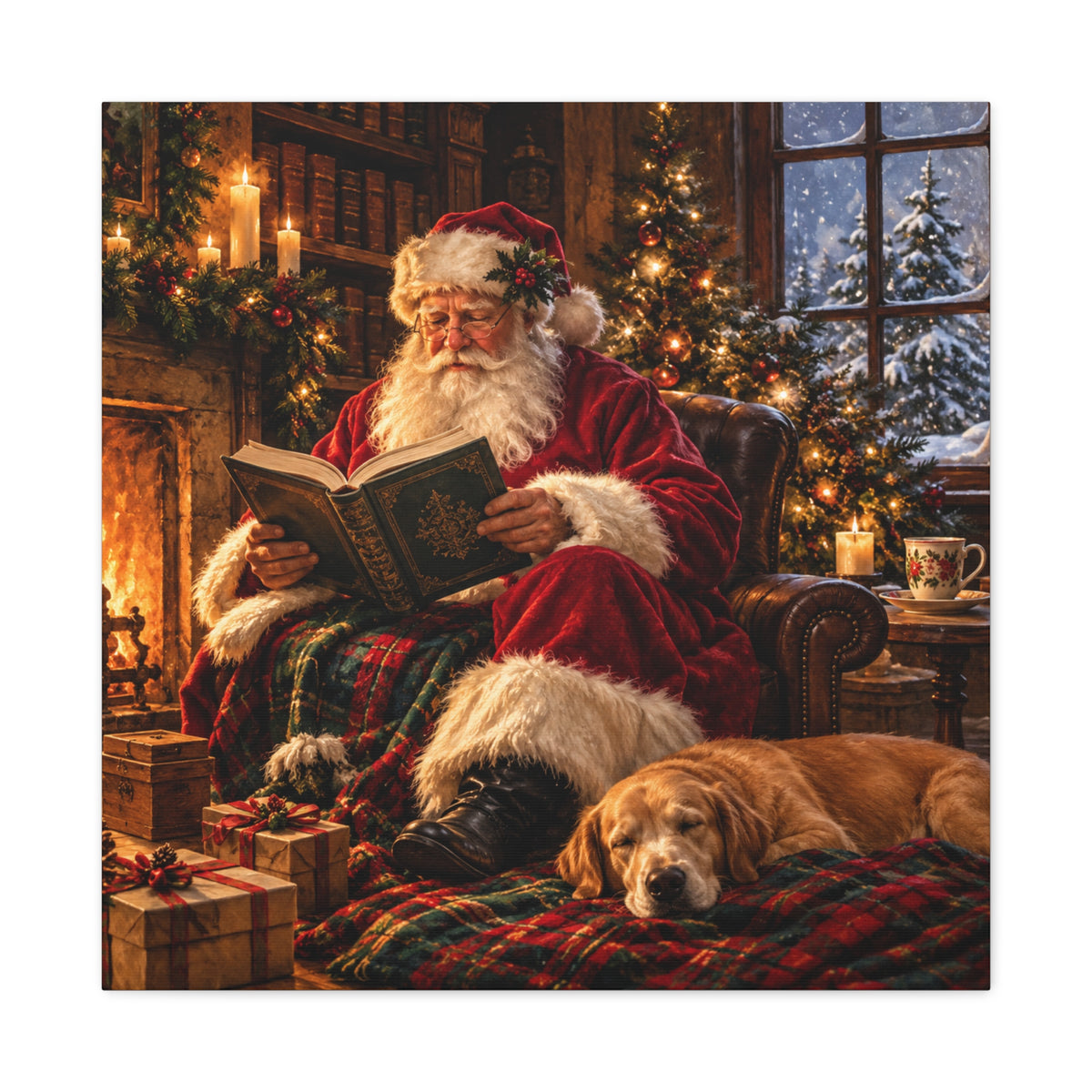 Santa Reading by the Hearth Canvas Wall Art