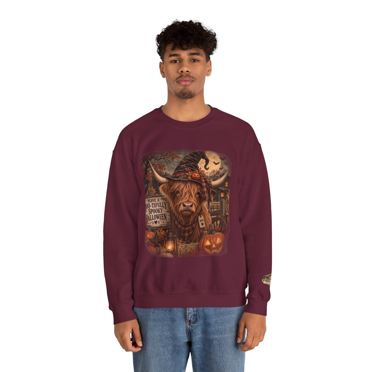 Halloween Highland Cow Sweatshirt – "Have a Moo-tifully Spooky Halloween" Crewneck-Flour and Foundry Mercantile Co.