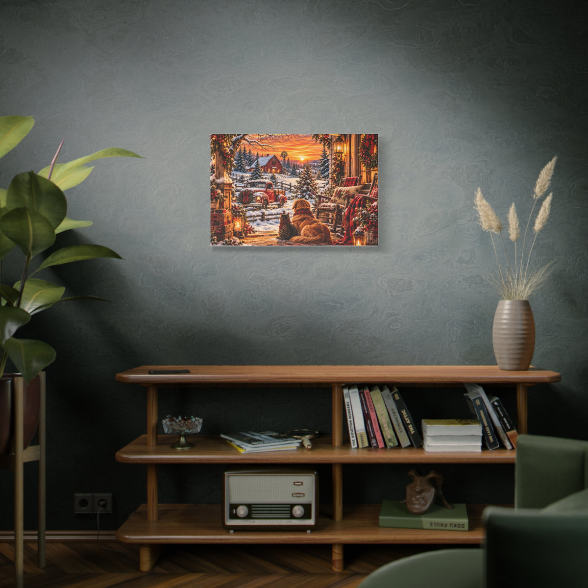 Snowy Winter Porch Scene with Dog & Cat-Christmas Farmhouse Canvas Print