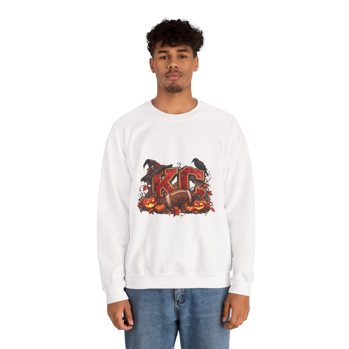KC Halloween Crewneck Sweatshirt — Haunted Pumpkin Football Design-Flour and Foundry Meercantile Co.