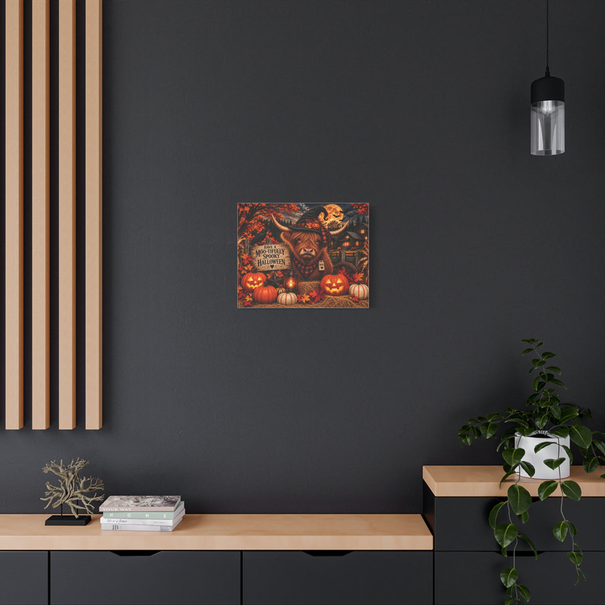 Halloween Highland Cow Canvas – "Have a Moo-tifully Spooky Halloween" Matte Stretched Wall Art