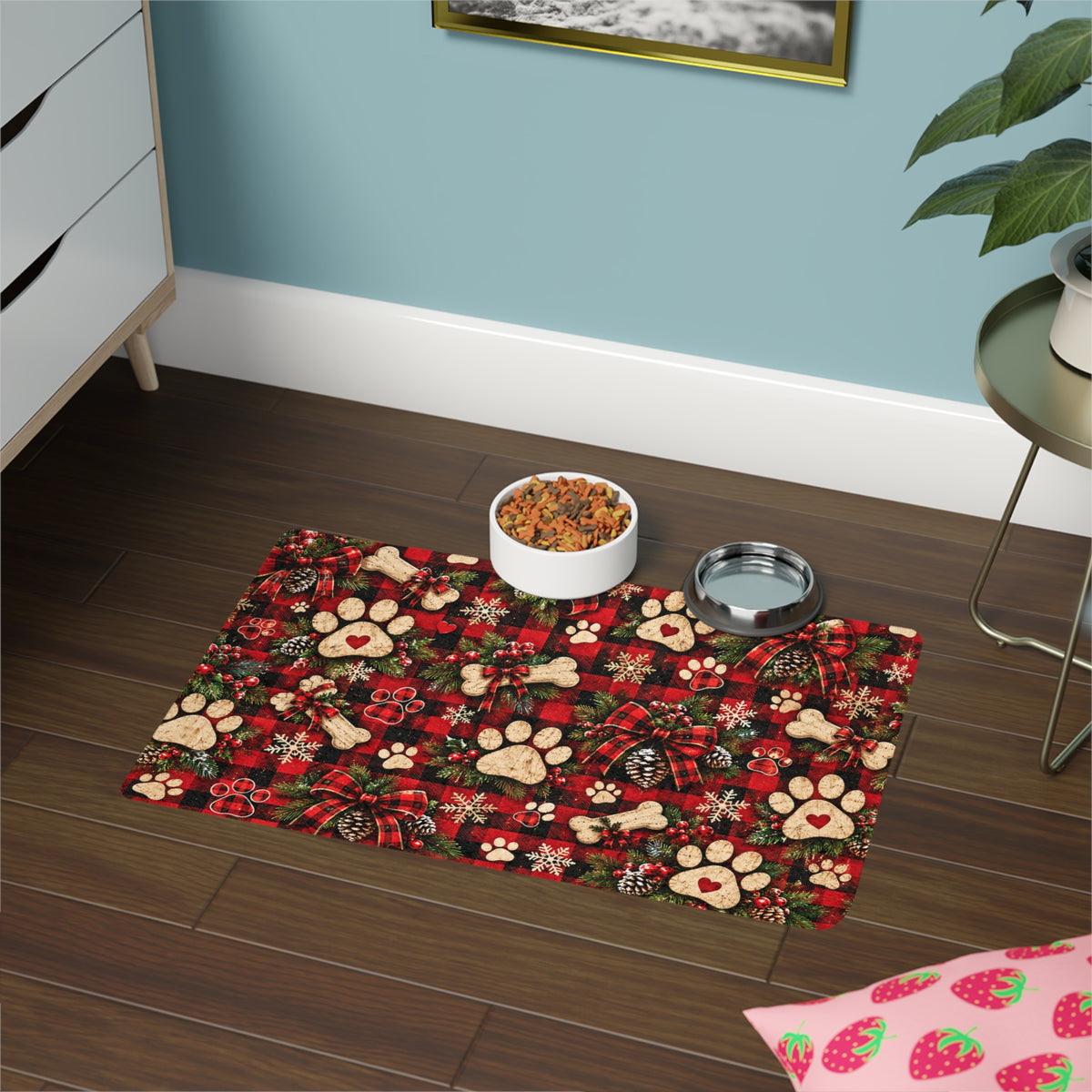 Christmas Plaid Pet Food Mat (12x18) — Dog Paw Prints & Bones Holiday Feeding Mat