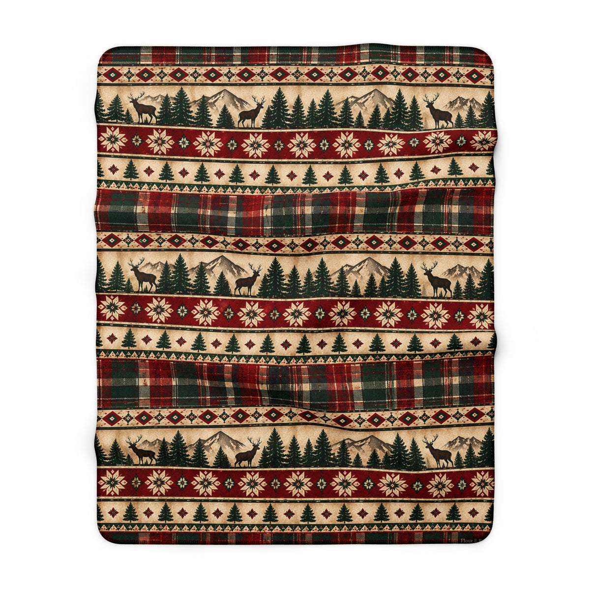 Plaid, Deer & Pine Holiday Fleece Throw-Rustic Lodge Sherpa Blanket