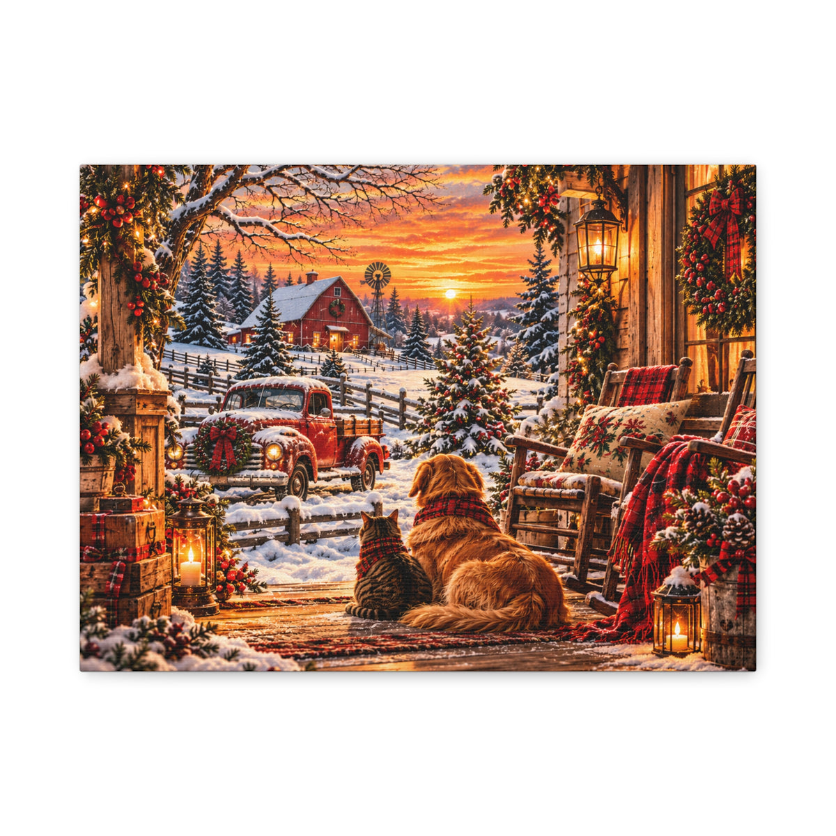 Snowy Winter Porch Scene with Dog & Cat-Christmas Farmhouse Canvas Print