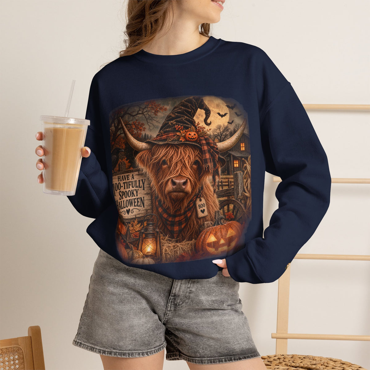Halloween Highland Cow Sweatshirt – "Have a Moo-tifully Spooky Halloween" Crewneck-Flour and Foundry Mercantile Co.