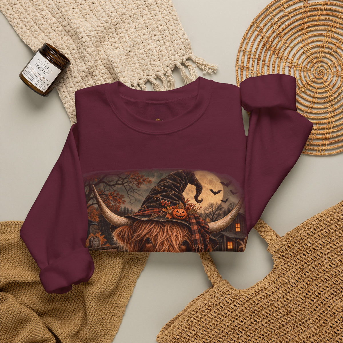 Halloween Highland Cow Sweatshirt – "Have a Moo-tifully Spooky Halloween" Crewneck-Flour and Foundry Mercantile Co.
