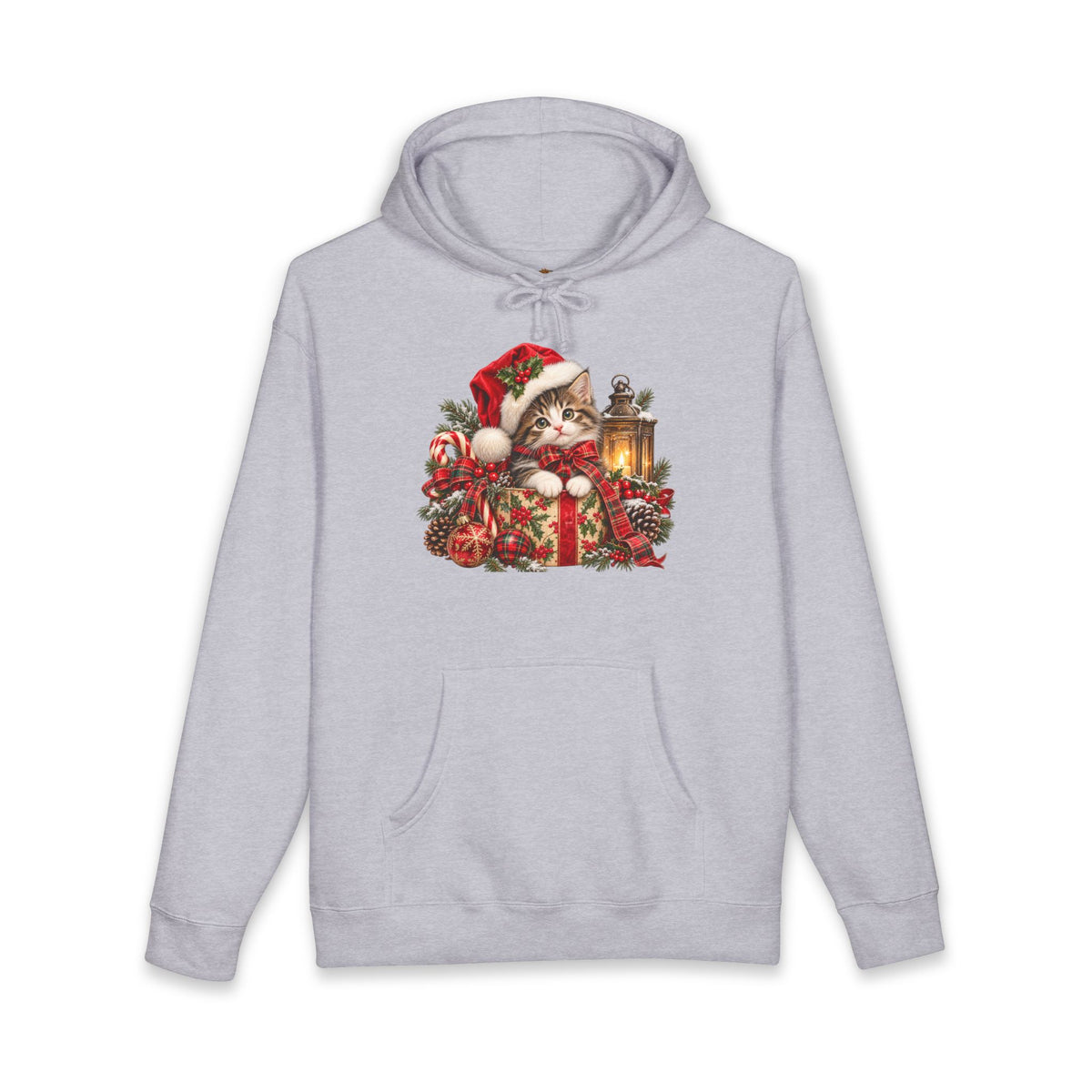 Christmas Cat Hoodie – Cute Kitten in Santa Hat with Lantern Holiday Sweatshirt