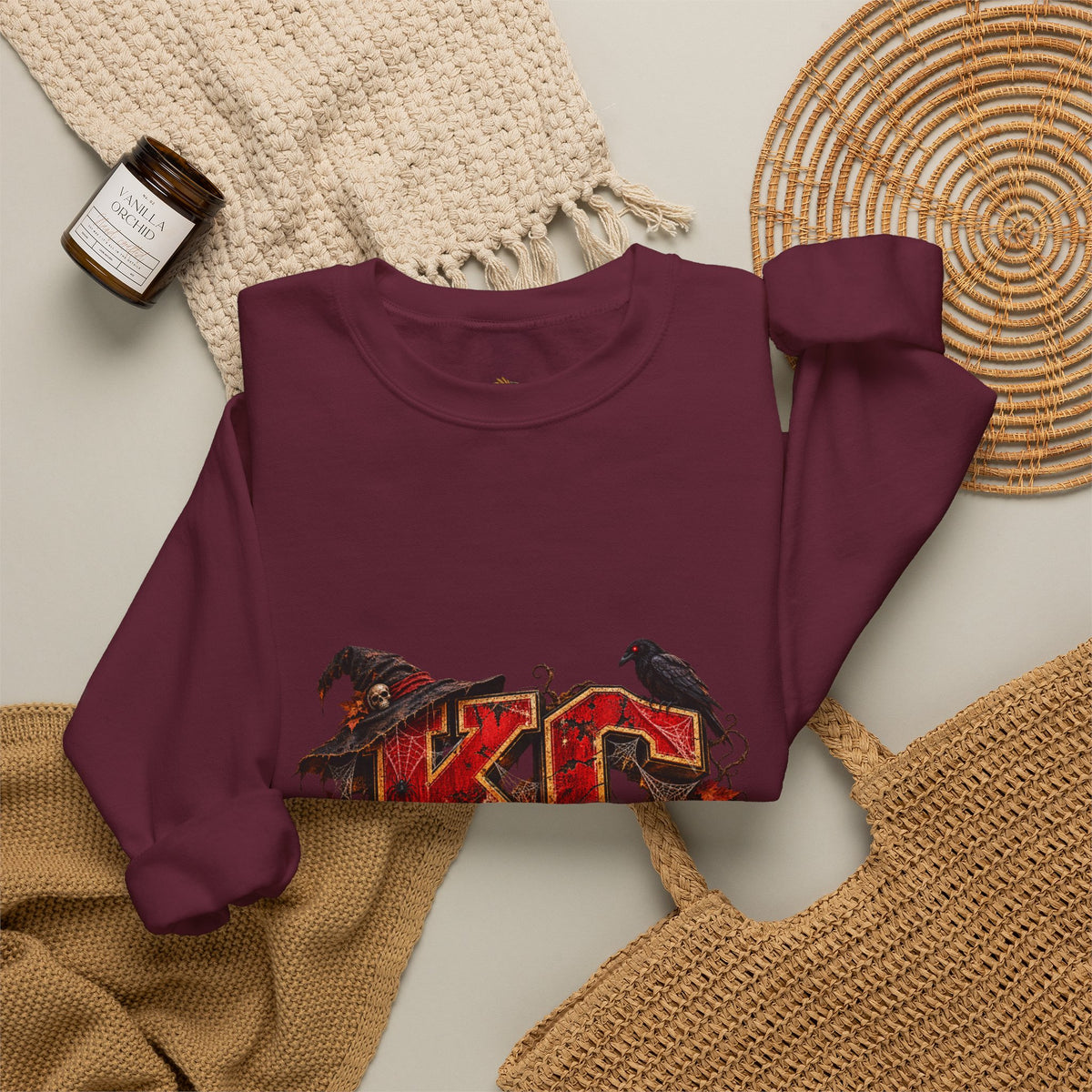 KC Halloween Crewneck Sweatshirt — Haunted Pumpkin Football Design-Flour and Foundry Meercantile Co.