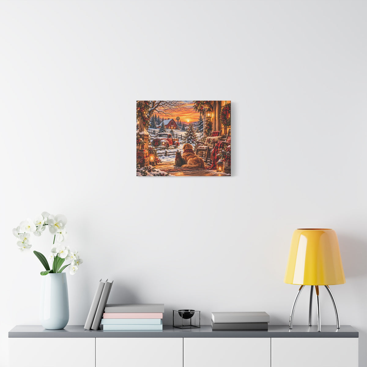 Snowy Winter Porch Scene with Dog & Cat-Christmas Farmhouse Canvas Print