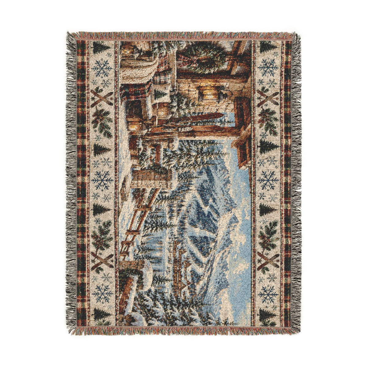 Vintage Ski Lodge Woven Blanket – Rustic Mountain Cabin Winter Throw
