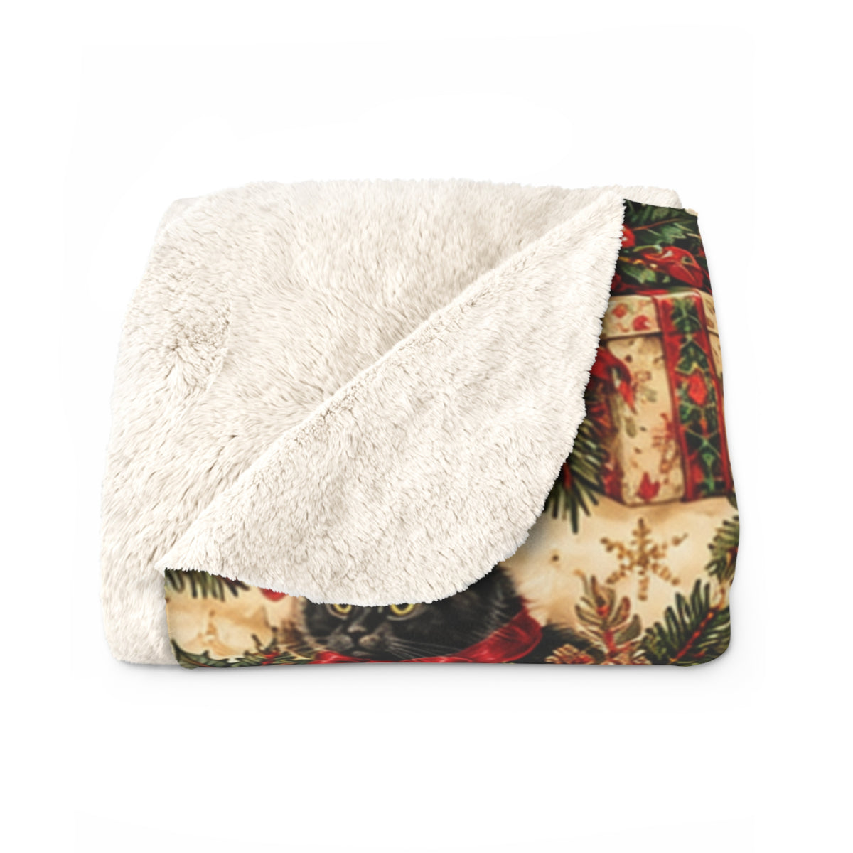 Christmas Poinsettia & Kitten Santa Sherpa Blanket — Festive Holiday Throw