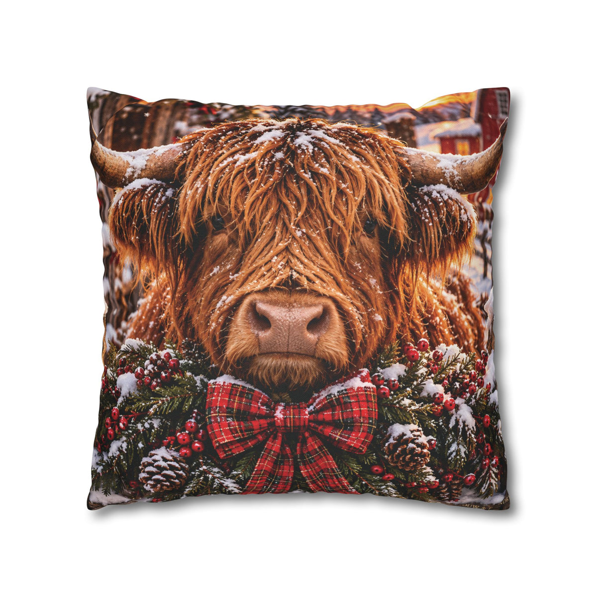 Christmas Barn and Cow Double Sided Pillowcase — Rustic Holiday Throw Pillow Cover