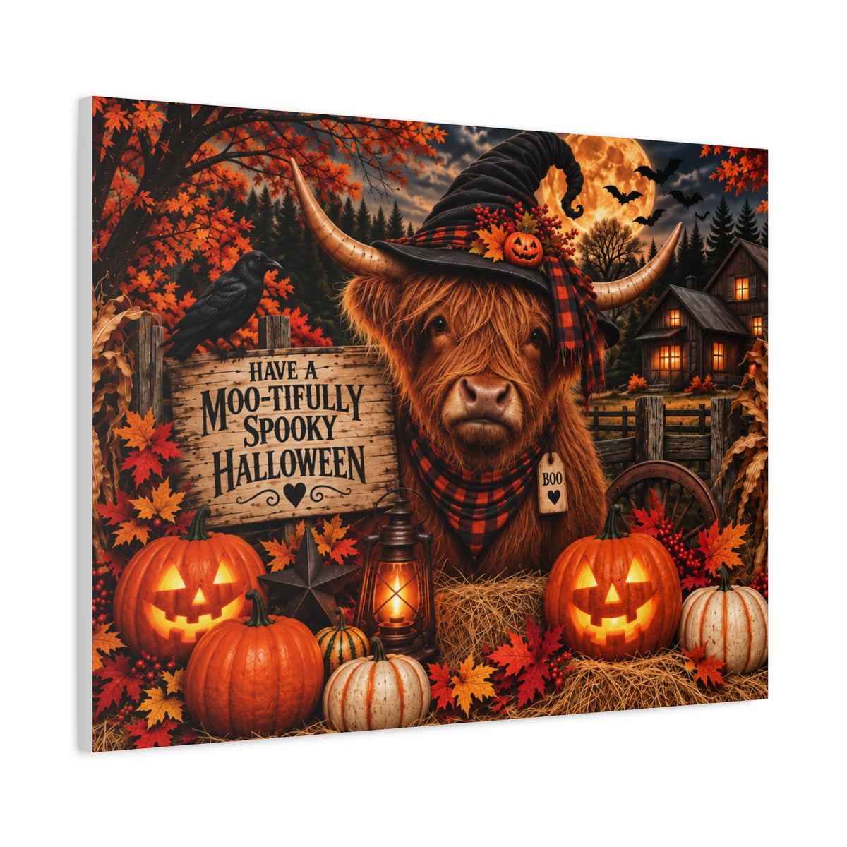 Halloween Highland Cow Canvas – "Have a Moo-tifully Spooky Halloween" Matte Stretched Wall Art
