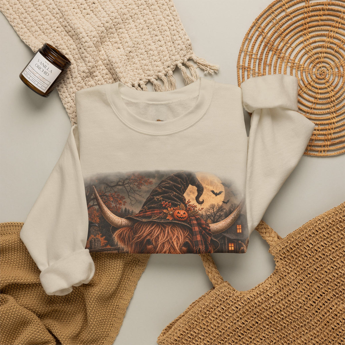 Halloween Highland Cow Sweatshirt – "Have a Moo-tifully Spooky Halloween" Crewneck-Flour and Foundry Mercantile Co.