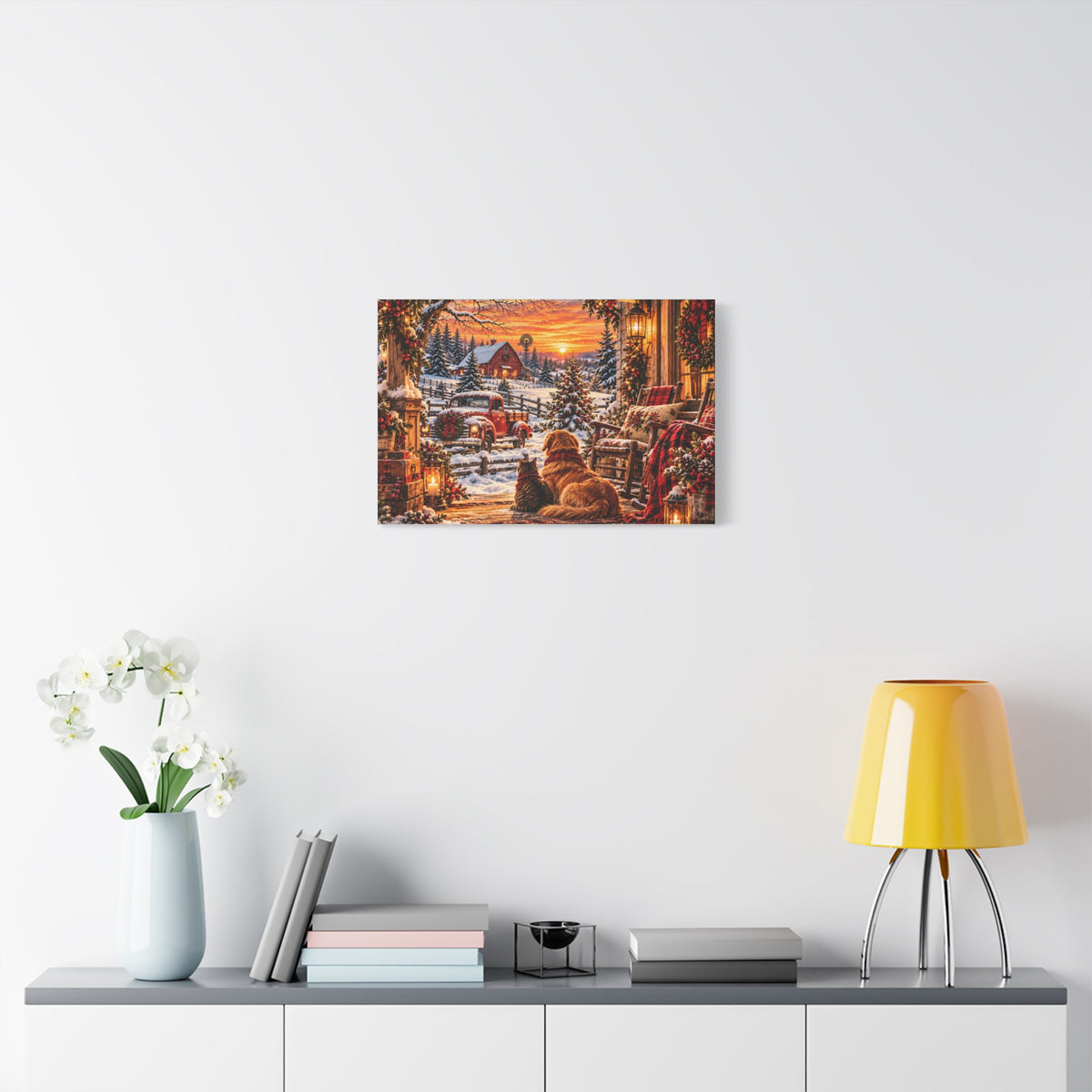 Snowy Winter Porch Scene with Dog & Cat-Christmas Farmhouse Canvas Print