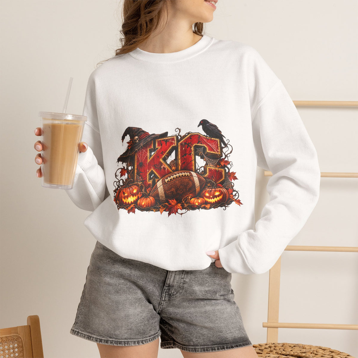 KC Halloween Crewneck Sweatshirt — Haunted Pumpkin Football Design-Flour and Foundry Meercantile Co.