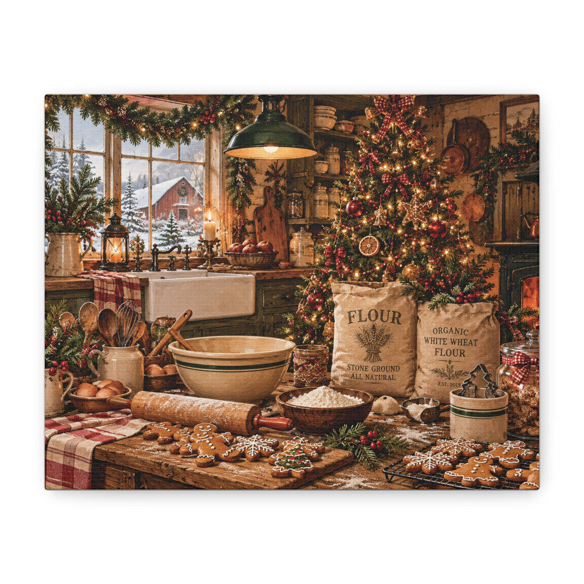 Christmas Kitchen Canvas Wall Art — Cozy Holiday Baking Scene, Rustic Farmhouse Holiday Decor