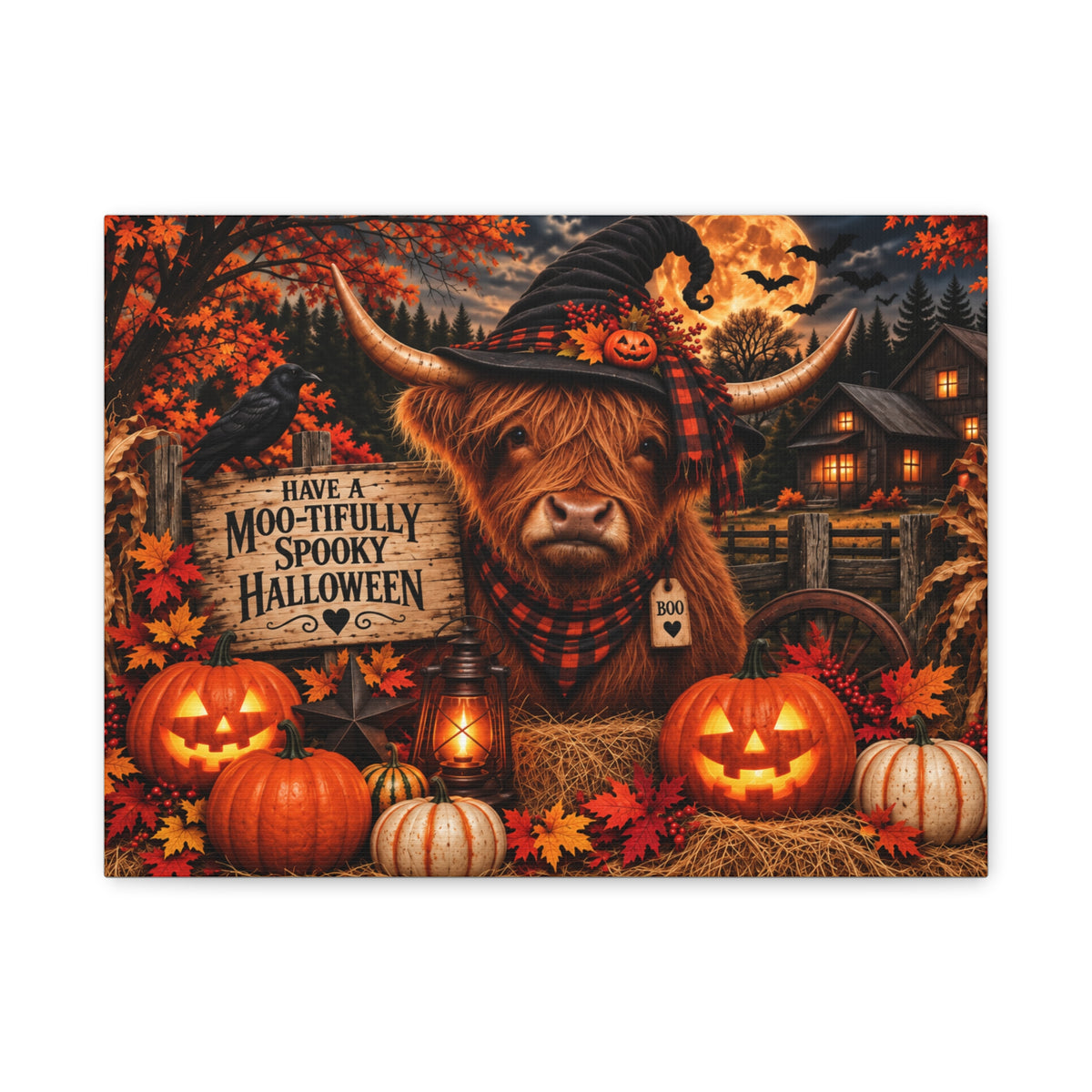 Halloween Highland Cow Canvas – "Have a Moo-tifully Spooky Halloween" Matte Stretched Wall Art