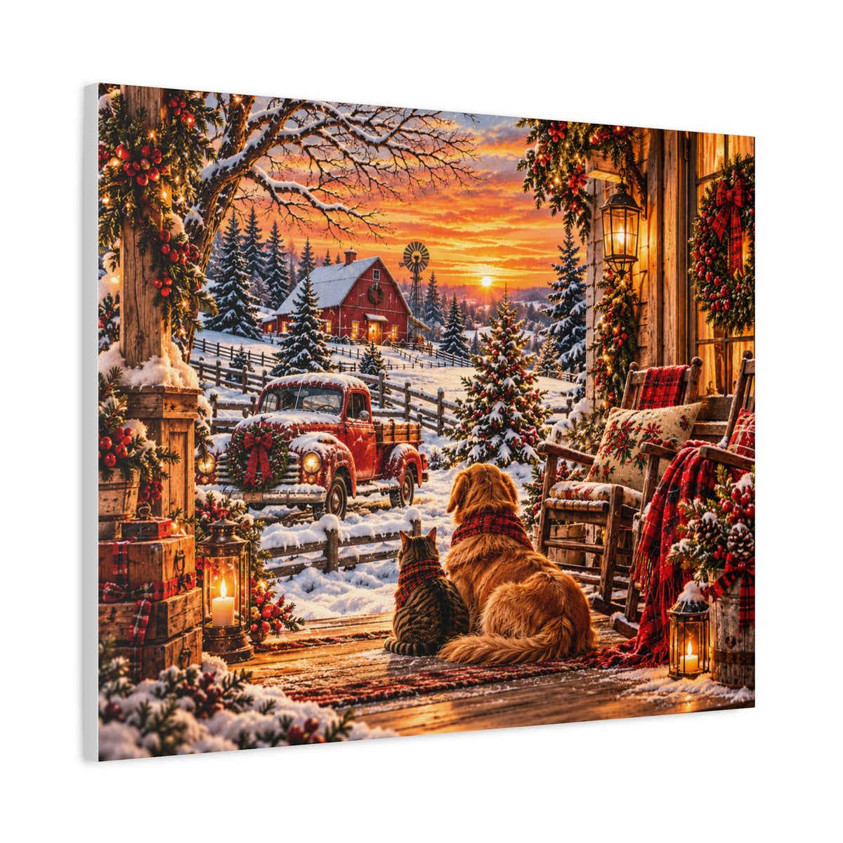 Snowy Winter Porch Scene with Dog & Cat-Christmas Farmhouse Canvas Print