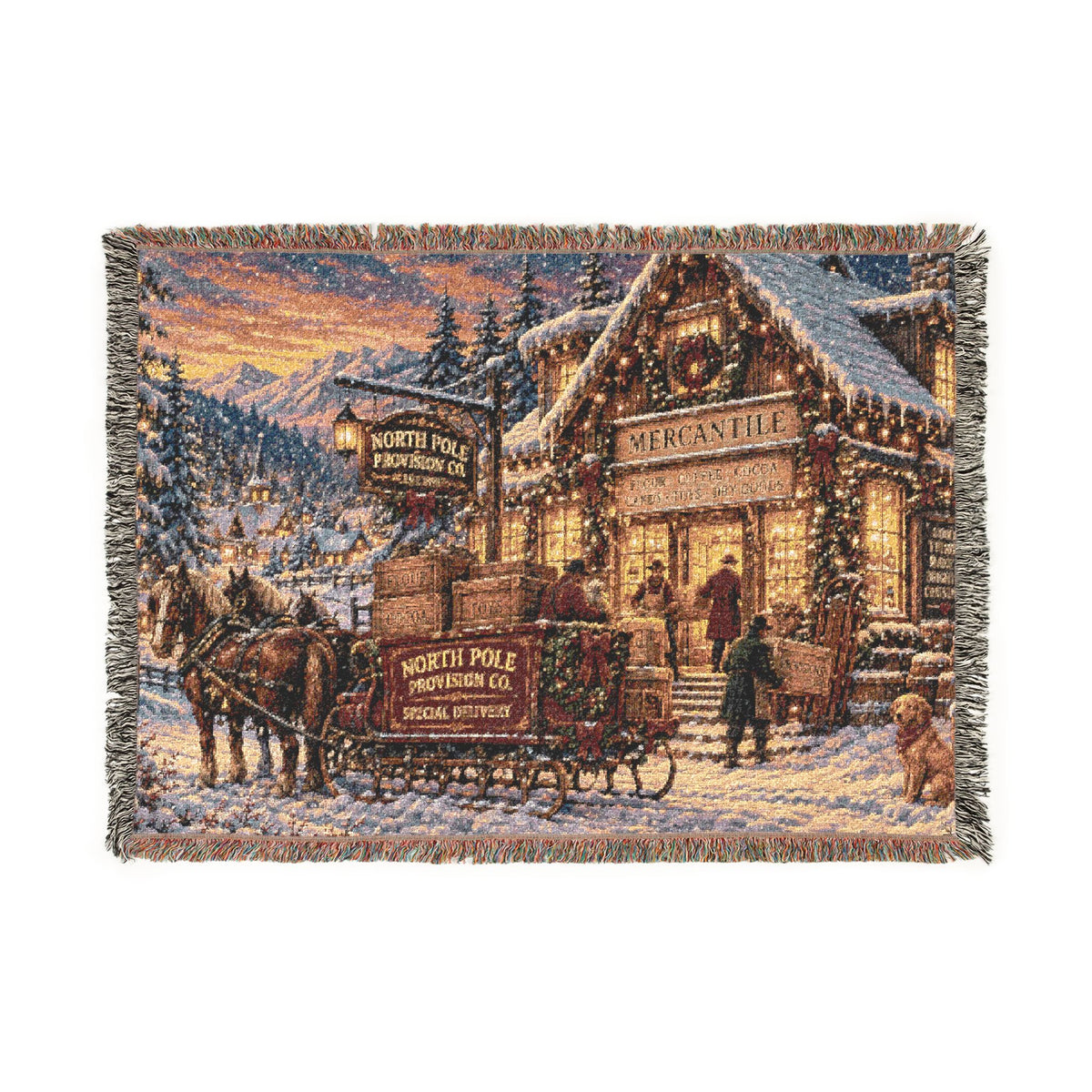 Victorian Christmas Village Woven Blanket | Holiday Cabin Tapestry Throw