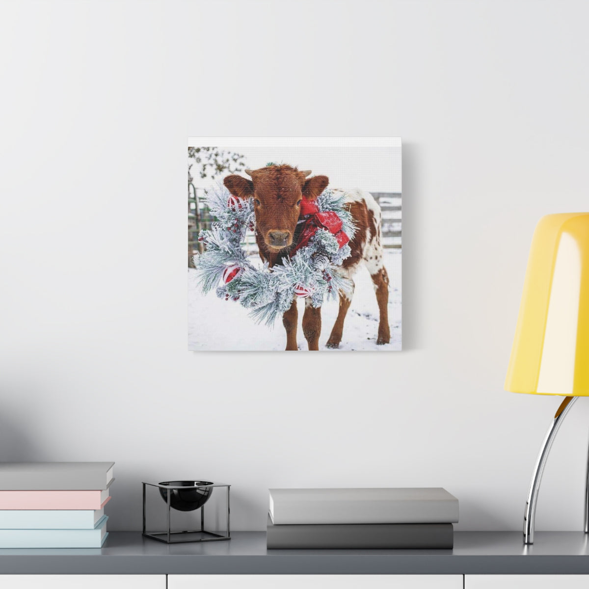 Holiday Calf Canvas Print — Festive Cow with Wreath Wall Art
