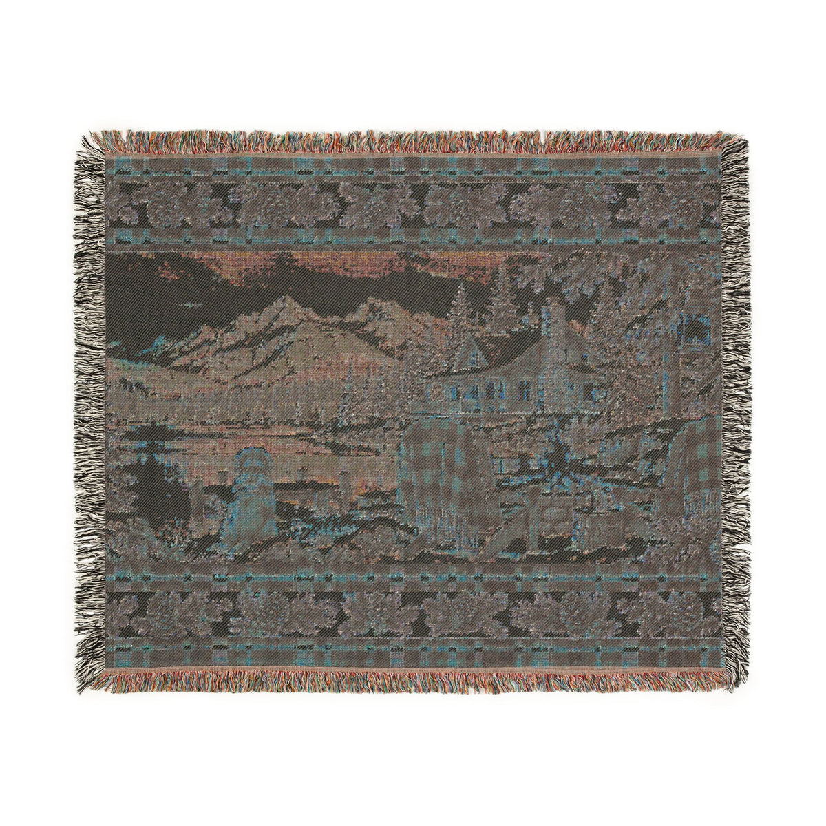 Rustic Mountain Lodge Woven Blanket – Winter Cabin, Golden Retriever and Lake Throw