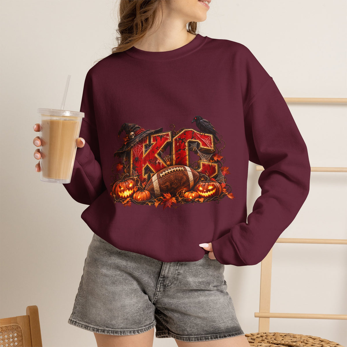 KC Halloween Crewneck Sweatshirt — Haunted Pumpkin Football Design-Flour and Foundry Meercantile Co.