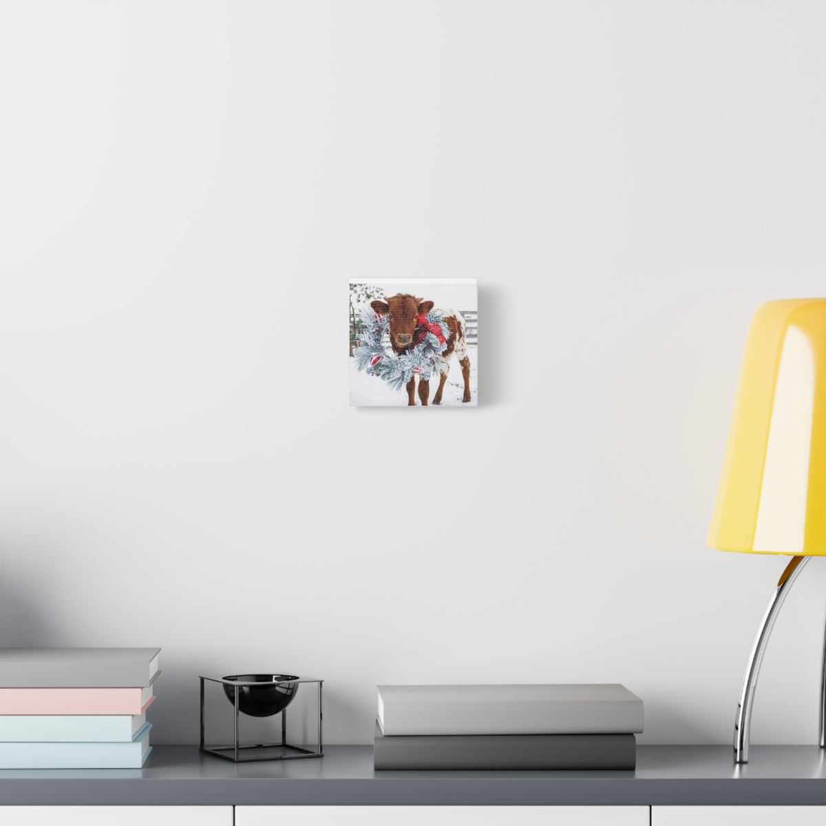 Holiday Calf Canvas Print — Festive Cow with Wreath Wall Art