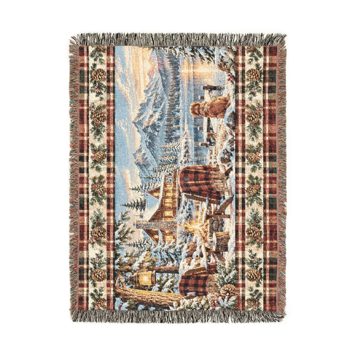Rustic Mountain Lodge Woven Blanket – Winter Cabin, Golden Retriever and Lake Throw