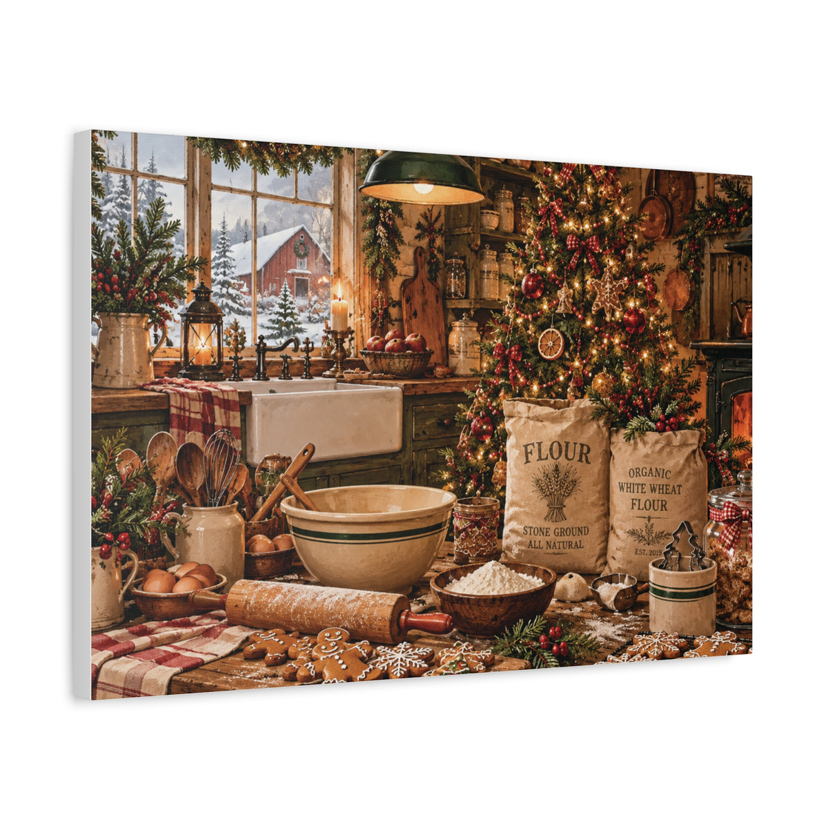 Christmas Kitchen Canvas Wall Art — Cozy Holiday Baking Scene, Rustic Farmhouse Holiday Decor